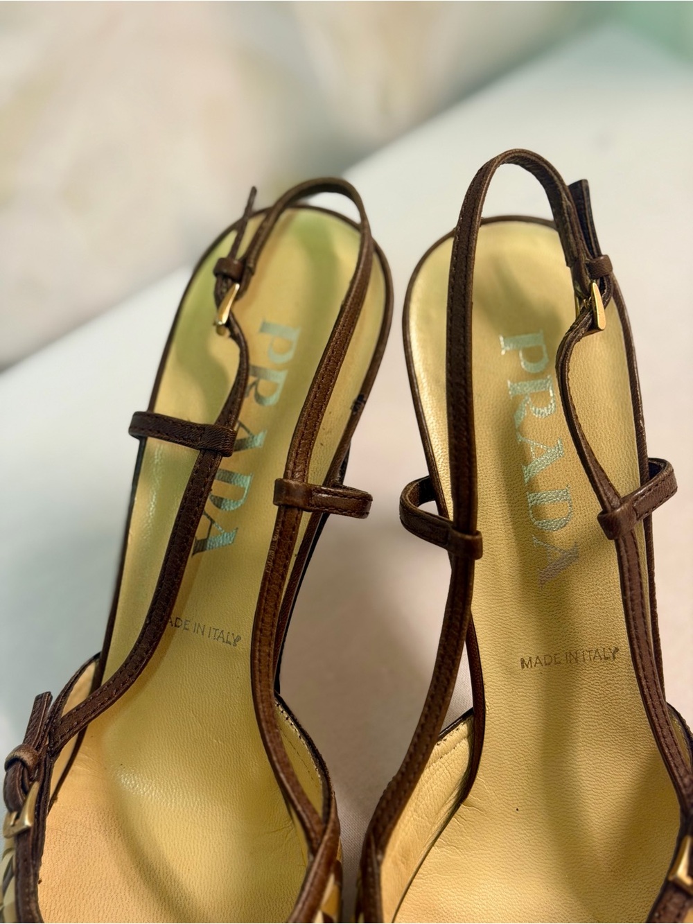 Prada Brown Leather T-Strap Slingback Sandals with Gold Accents